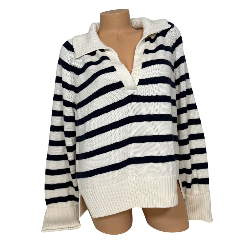 Abercrombie & Fitch Womens Navy White Striped Polo V-Neck Sweater Large NWT